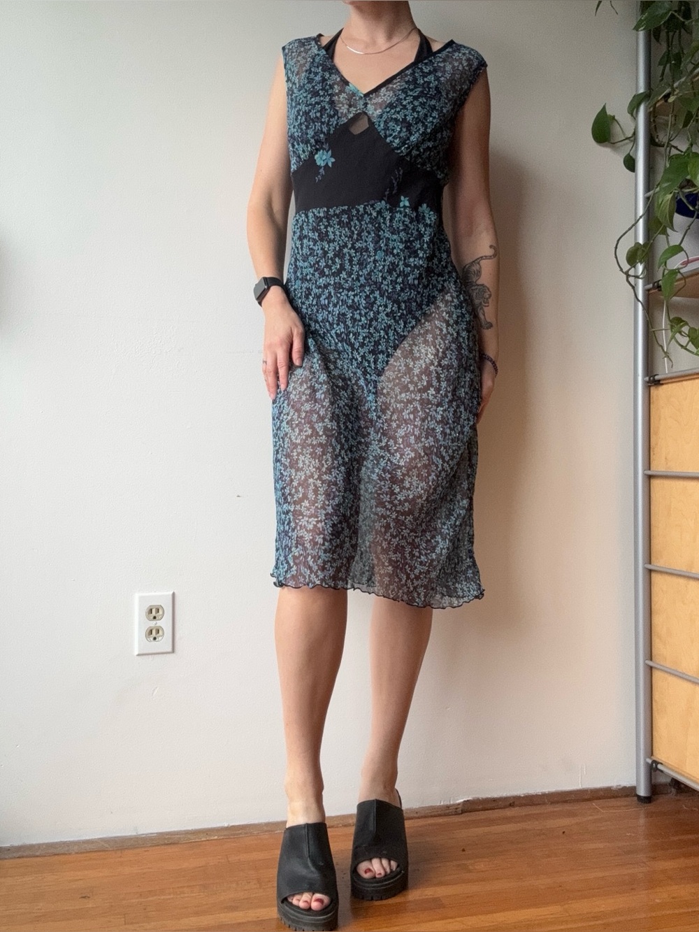 Blue Floral Sheer Midi Dress